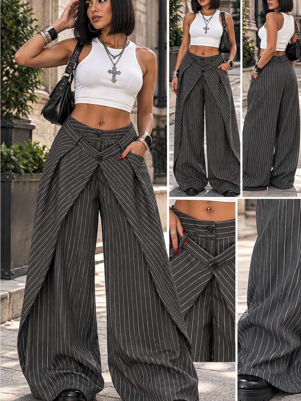 Women's Pinstripe Wide-Leg Draped Pants - Gray